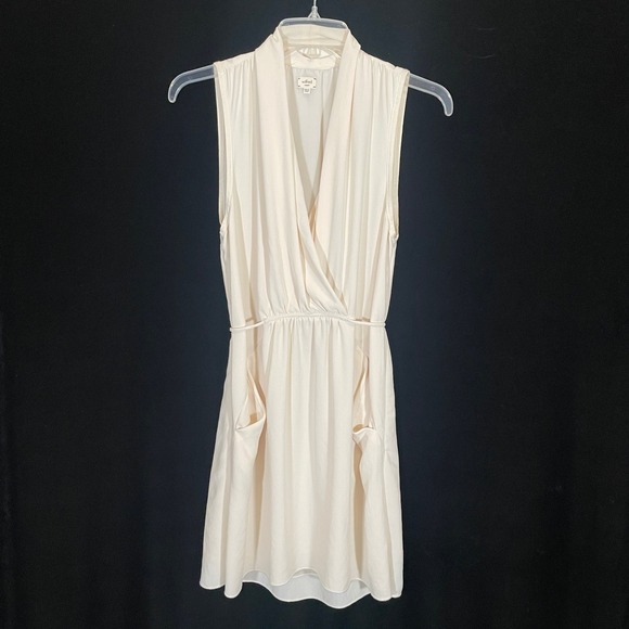 Wilfred Aritzia Sabine Faux Wrap Dress Cream V-Neck Mini Pockets LWD S - Picture 3 of 7